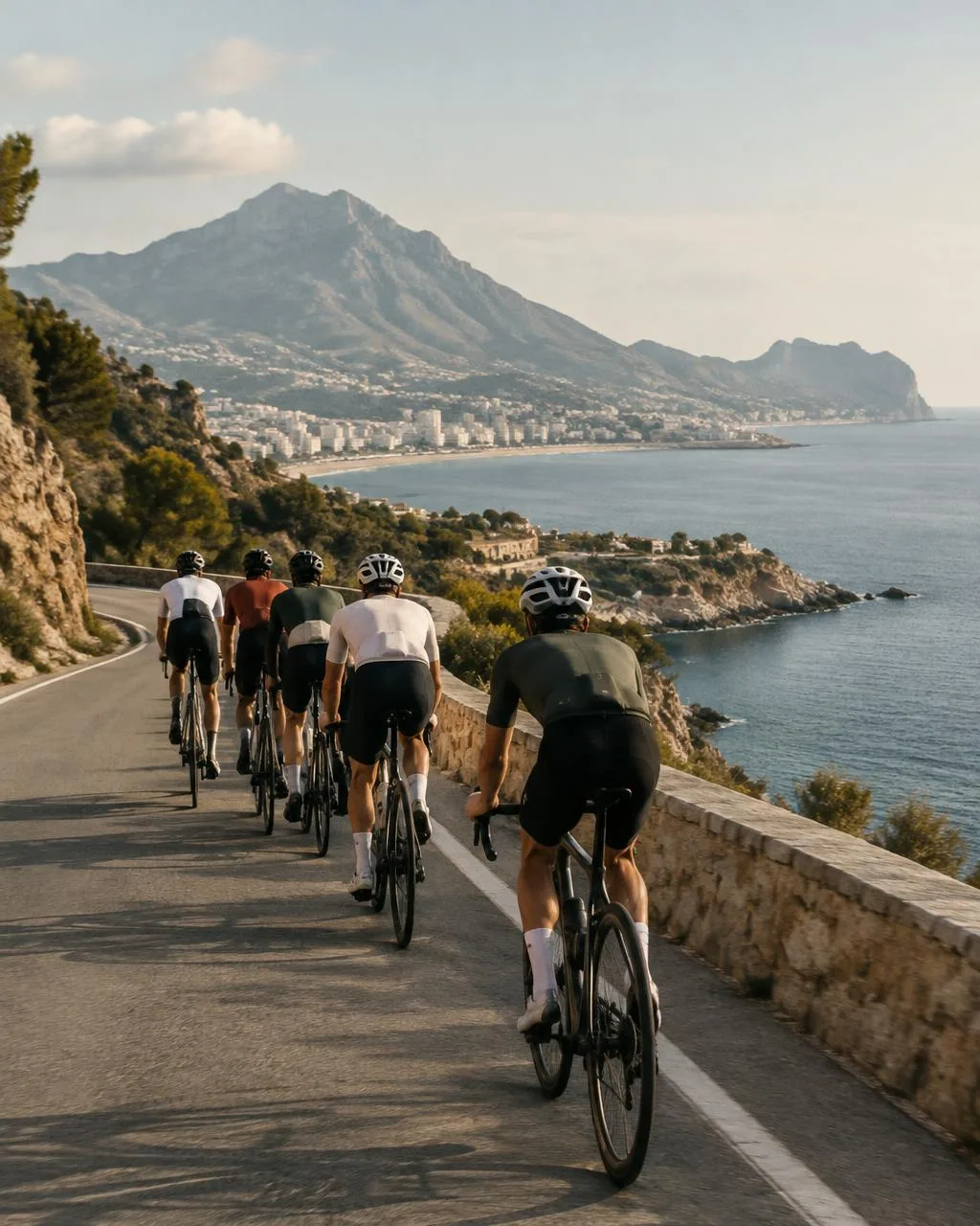 A group of cyclists riding a coastal road above the sea on the Costa Blanca