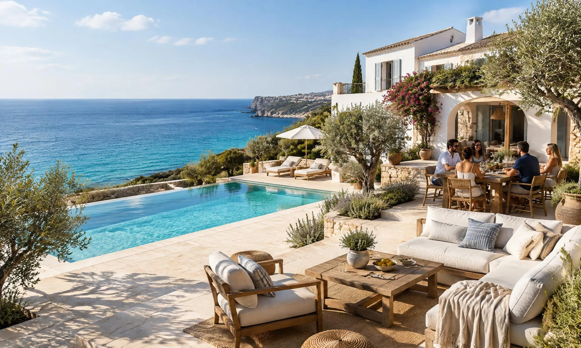 Friends sharing lunch at a Mediterranean villa with a pool overlooking the sea